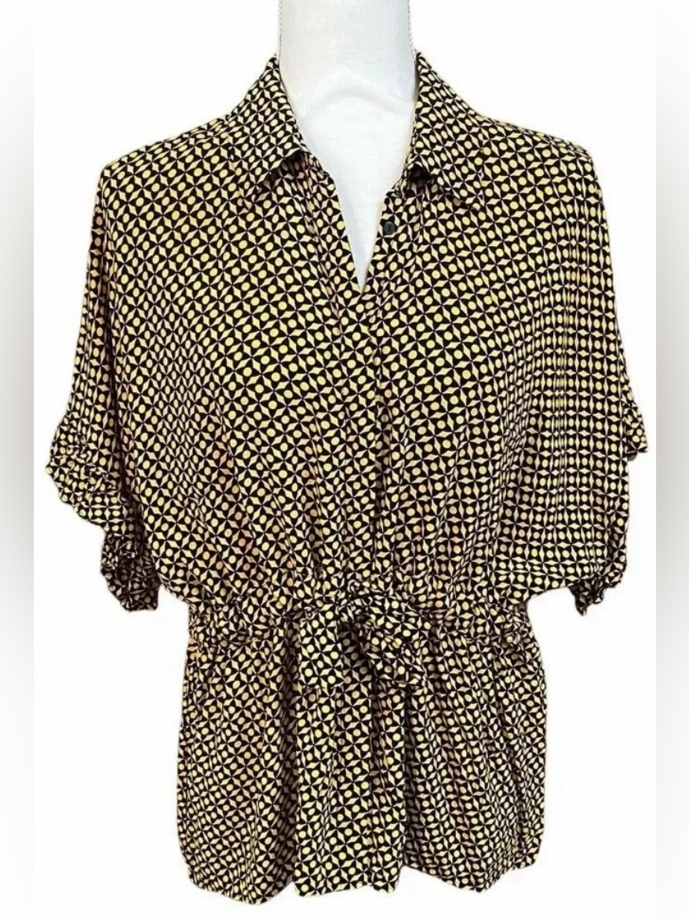 ZARA Black Yellow Geometric Tie Waist Peplum Blouse Small